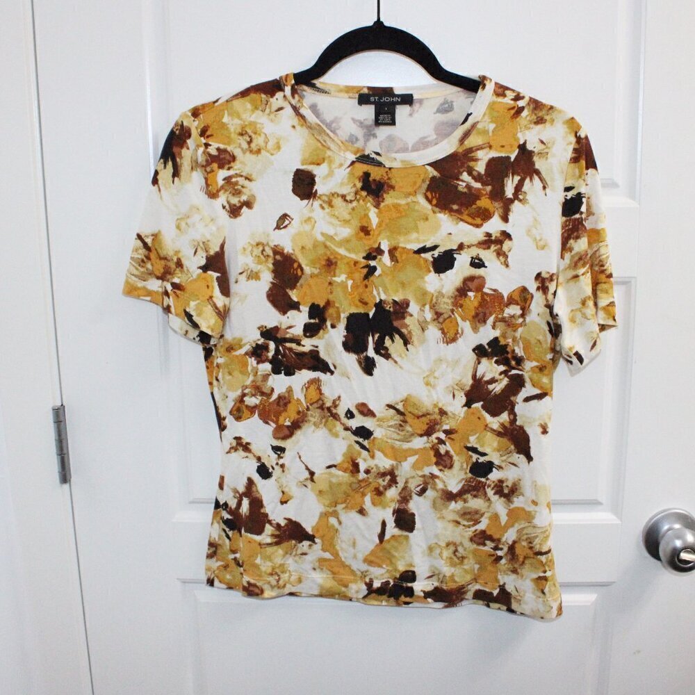 St. John Knits Size Small Short Sleeve Shirt Yellow‎ Brown Cream